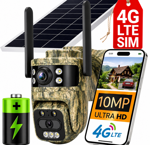 Kamera Solarna GSM HR-10C 10 MPx Obrotowa Zewnętrzna 4G Lte na kartę SIM Baterie